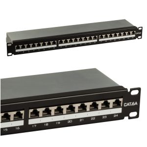 Patchpanel CAT.6A, STP, 19 inch, 24Port, 1HE, RJ45, LSA, 500MHz, 10Gbps, black 